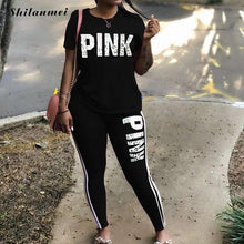 Carica l'immagine nel visualizzatore di Gallery, Plus Size 2 Piece Set Women Tracksuit Casual PINK Letter Print Tops Skinny Pants XXXL Sexy Sweat Suits Short Sleeve Tee Shirt