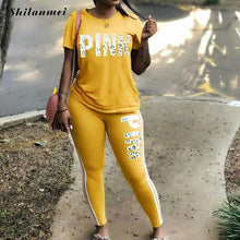 Carica l'immagine nel visualizzatore di Gallery, Plus Size 2 Piece Set Women Tracksuit Casual PINK Letter Print Tops Skinny Pants XXXL Sexy Sweat Suits Short Sleeve Tee Shirt