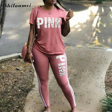 Carica l'immagine nel visualizzatore di Gallery, Plus Size 2 Piece Set Women Tracksuit Casual PINK Letter Print Tops Skinny Pants XXXL Sexy Sweat Suits Short Sleeve Tee Shirt