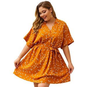 2020 Summer Boho Dress Women Sexy Short Party Dress Plus Size Ladies Loose Fat Dresses for Women V-neck Dots Dress 4XL Belt