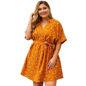 2020 Summer Boho Dress Women Sexy Short Party Dress Plus Size Ladies Loose Fat Dresses for Women V-neck Dots Dress 4XL Belt