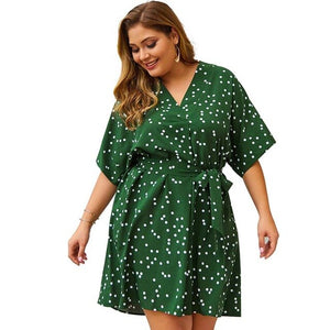 2020 Summer Boho Dress Women Sexy Short Party Dress Plus Size Ladies Loose Fat Dresses for Women V-neck Dots Dress 4XL Belt