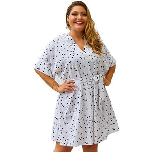 2020 Summer Boho Dress Women Sexy Short Party Dress Plus Size Ladies Loose Fat Dresses for Women V-neck Dots Dress 4XL Belt