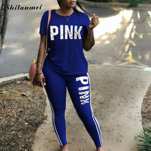 Carica l'immagine nel visualizzatore di Gallery, Plus Size 2 Piece Set Women Tracksuit Casual PINK Letter Print Tops Skinny Pants XXXL Sexy Sweat Suits Short Sleeve Tee Shirt

