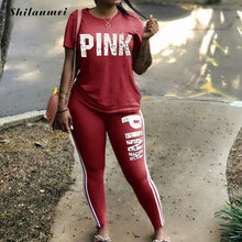 Carica l'immagine nel visualizzatore di Gallery, Plus Size 2 Piece Set Women Tracksuit Casual PINK Letter Print Tops Skinny Pants XXXL Sexy Sweat Suits Short Sleeve Tee Shirt
