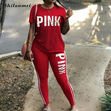 Carica l'immagine nel visualizzatore di Gallery, Plus Size 2 Piece Set Women Tracksuit Casual PINK Letter Print Tops Skinny Pants XXXL Sexy Sweat Suits Short Sleeve Tee Shirt
