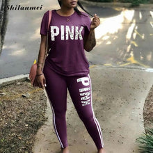 Carica l'immagine nel visualizzatore di Gallery, Plus Size 2 Piece Set Women Tracksuit Casual PINK Letter Print Tops Skinny Pants XXXL Sexy Sweat Suits Short Sleeve Tee Shirt
