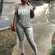 Carica l'immagine nel visualizzatore di Gallery, Plus Size 2 Piece Set Women Tracksuit Casual PINK Letter Print Tops Skinny Pants XXXL Sexy Sweat Suits Short Sleeve Tee Shirt
