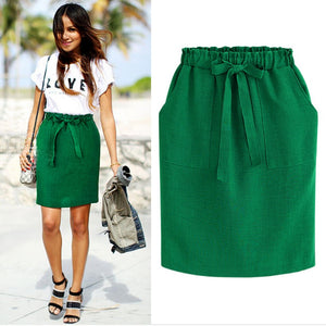 2020 New Spring Summer Elegant Midi Skirts Womens Office Pencil Skirt Cotton Elastic Waist Package Hip Skirt Bow Skirt Green