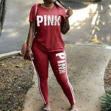 Carica l'immagine nel visualizzatore di Gallery, Plus Size 2 Piece Set Women Tracksuit Casual PINK Letter Print Tops Skinny Pants XXXL Sexy Sweat Suits Short Sleeve Tee Shirt
